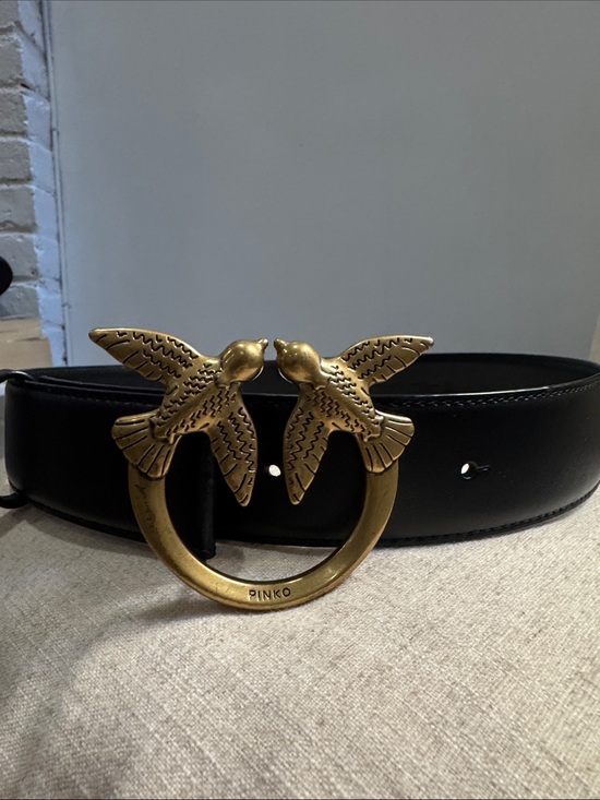 Pinko Accessories - Pinko Black Leather Belt with Gold Twin Bird Ring Buckle